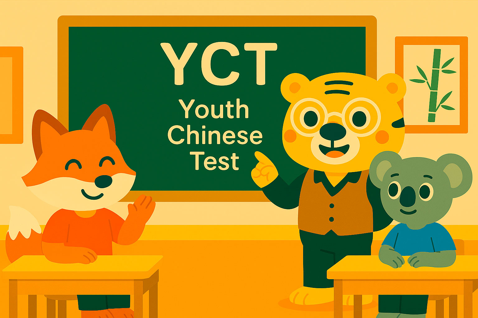 Bingo explique le test YCT à Hu Xinyu et Zhang Xiao dans une salle de classe de Khanji School