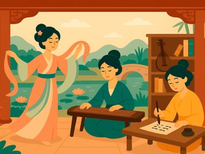 Ancient Chinese courtesan-artists during the Tang and Song dynasties performing music, dance and cal