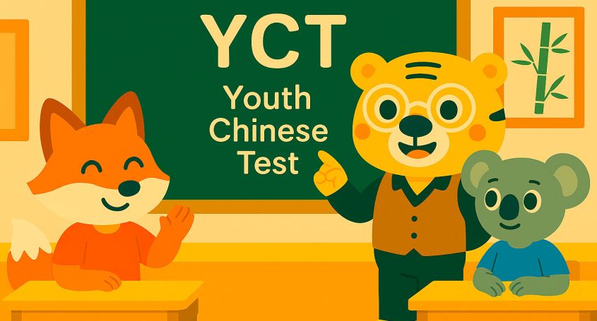 Bingo teaching Hu Xinyu and Zhang Xiao about the YCT in a Khanji School classroom