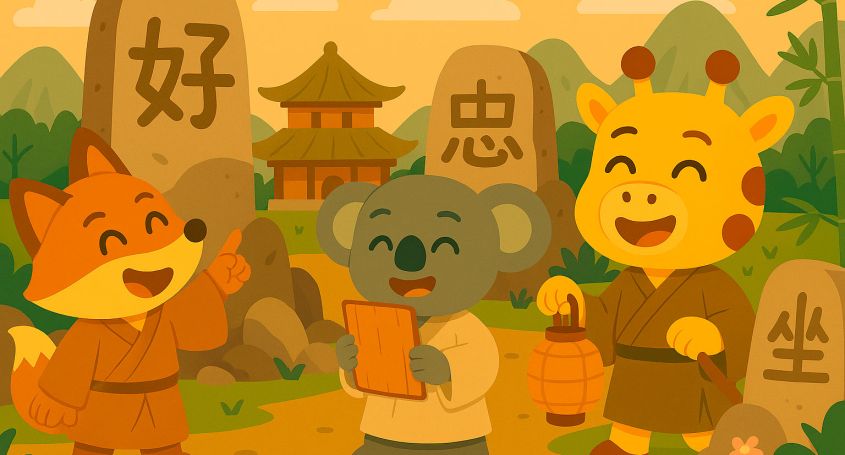 Flat-style illustration of three Khanji School students in traditional clothing discovering ancient stone totems carved with characters such as 好, 忠 a