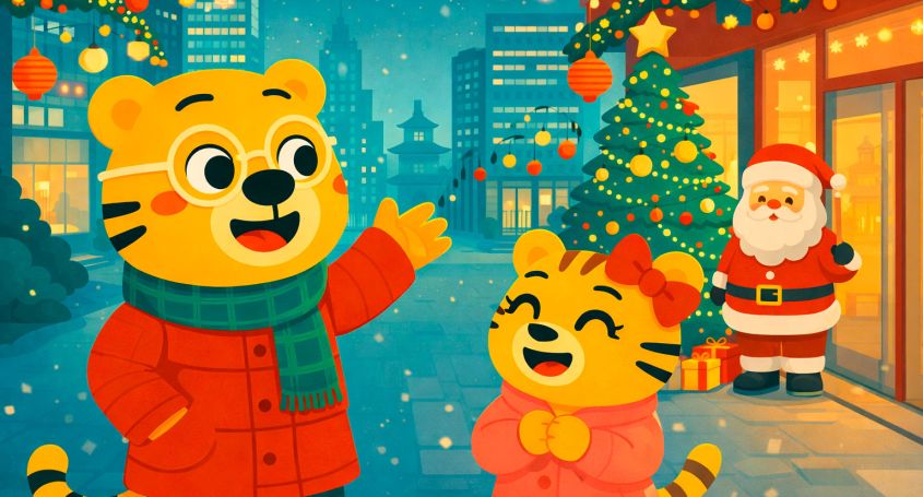 Bingo und Li Hua betrachten Weihnachtsdekorationen in einer chinesischen Großstadt mit Lichtern, Weihnachtsbaum und urbaner Umgebung.