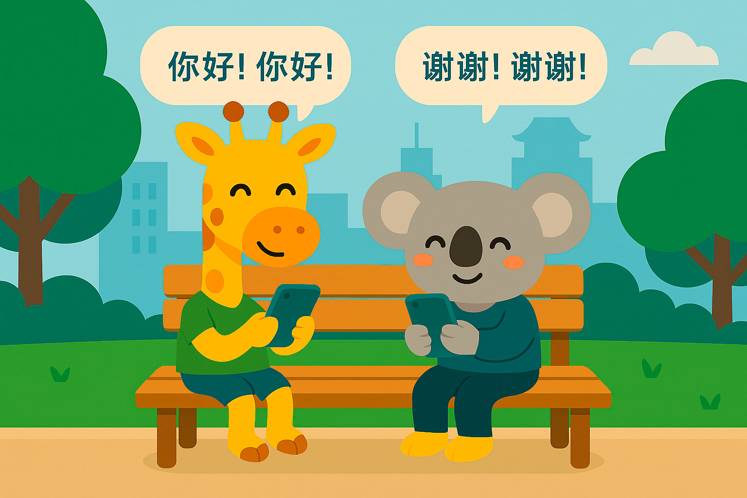 Illustration 2D style flat montrant les élèves girafe et koala assis sur un banc en train d’utiliser l’app Chinesimple pour la première fois sur leurs