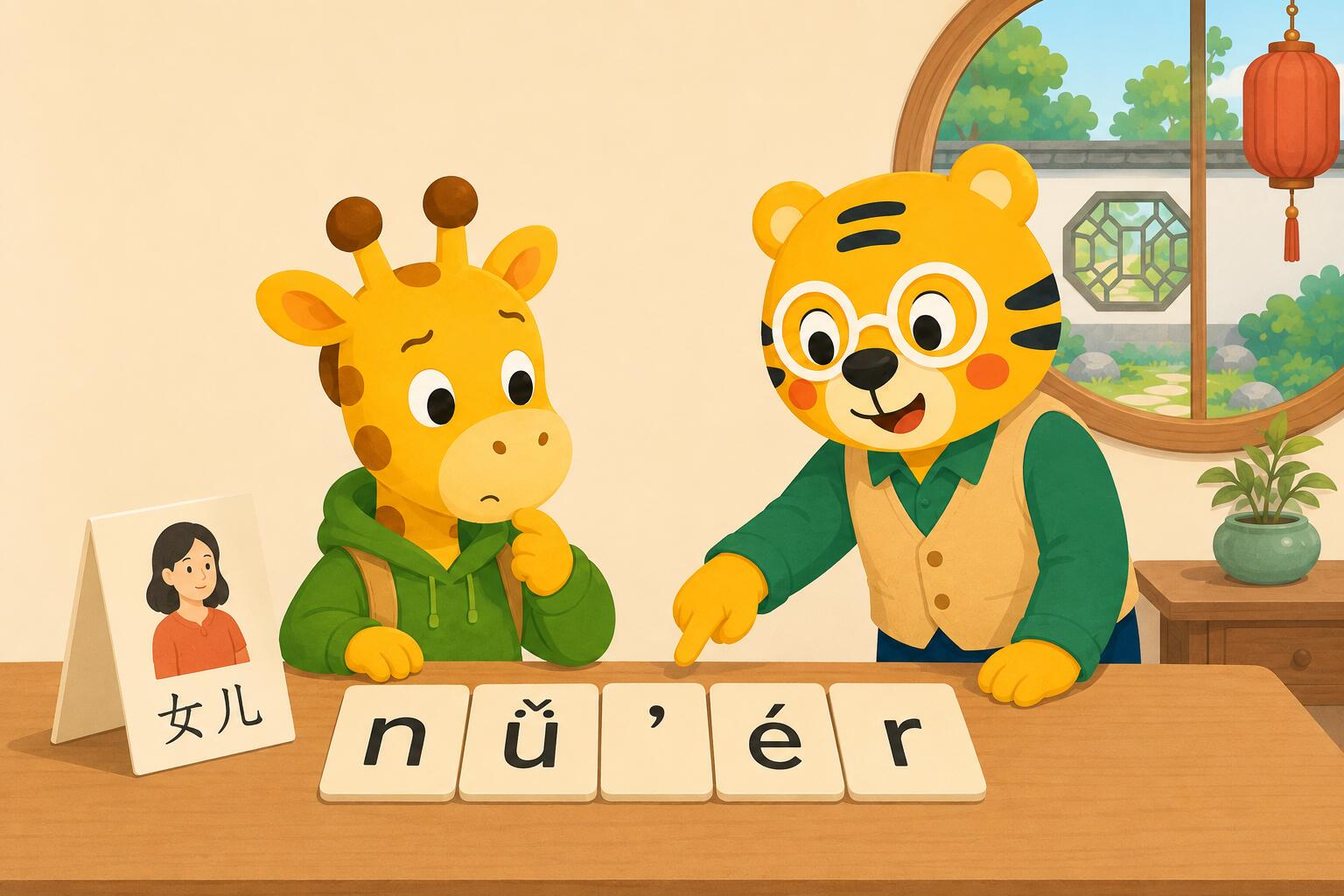 Esempi di pinyin cinese che mostrano l’uso di ü, dell’apostrofo tra le sillabe e la posizione corretta dei segni tonali.