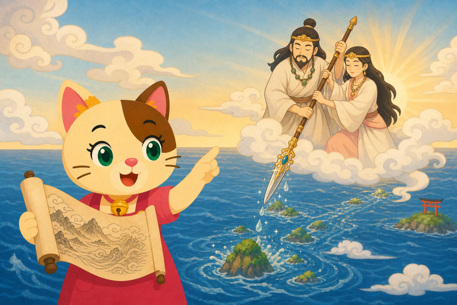 Izanagi and Izanami creating the islands of Japan in Japanese mythology