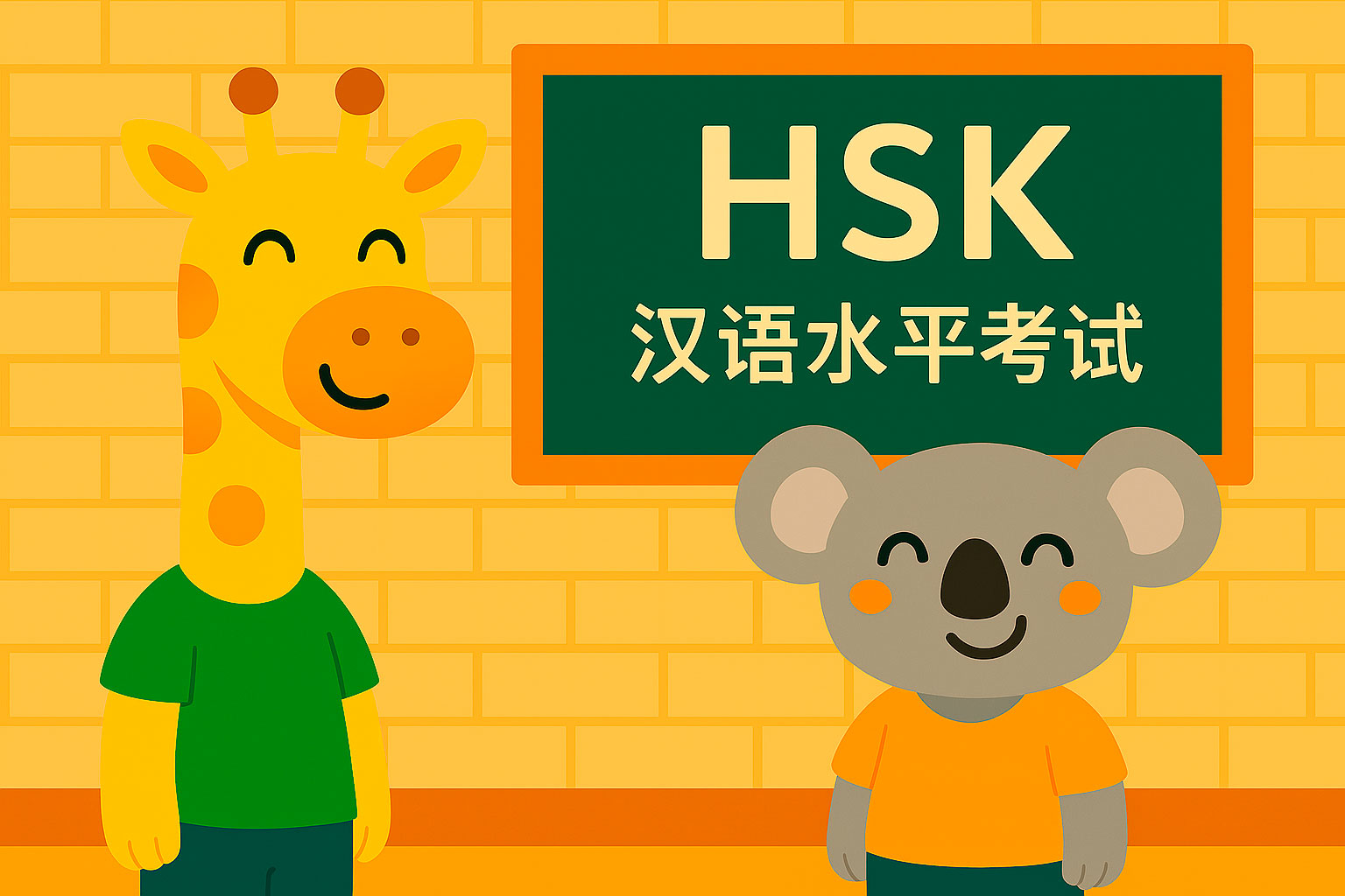 Illustration numérique 2D style flat montrant les élèves girafe et koala devant un mur de l’école Khanji School avec un panneau indiquant HSK et 汉语水平考