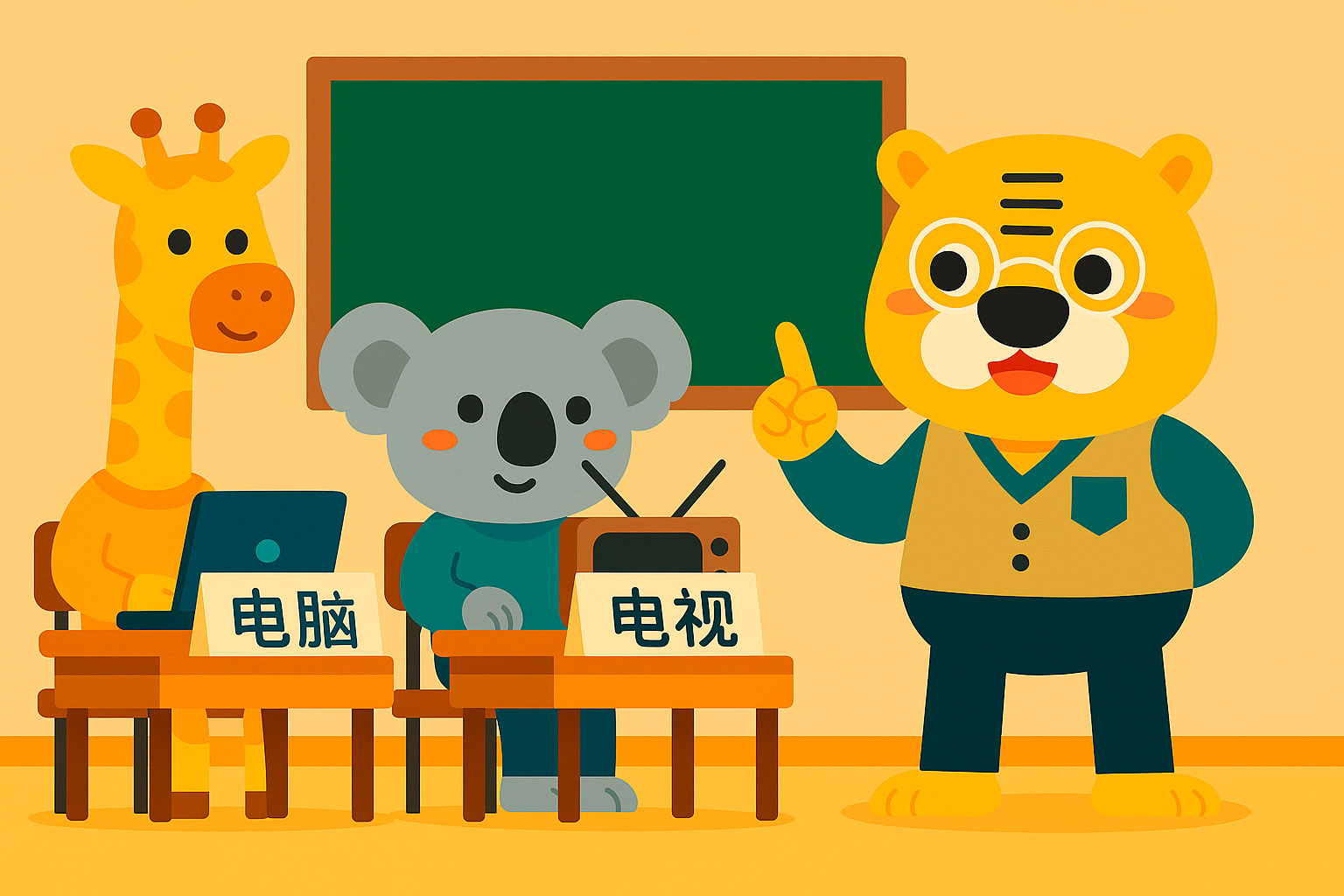 Illustration de Bingo en classe présentant des mots composés chinois comme téléphone et ordinateur
