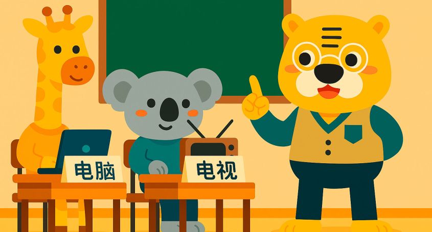 Ilustración de Bingo en clase mostrando palabras chinas compuestas como teléfono y ordenador