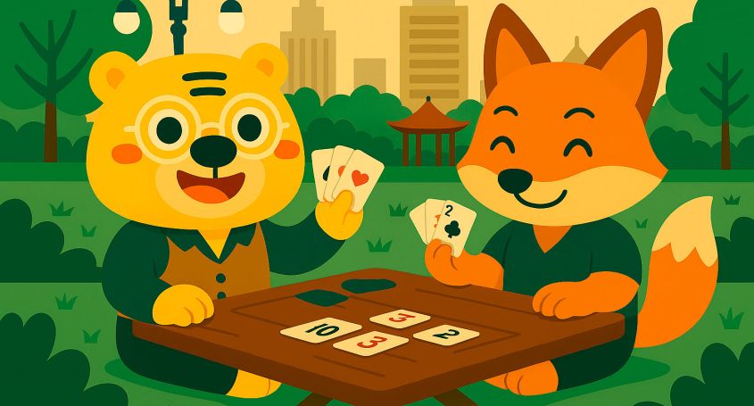 Cartoon-style illustration showing Bingo and a fox playing Dou Dizhu in a typical Chinese city park