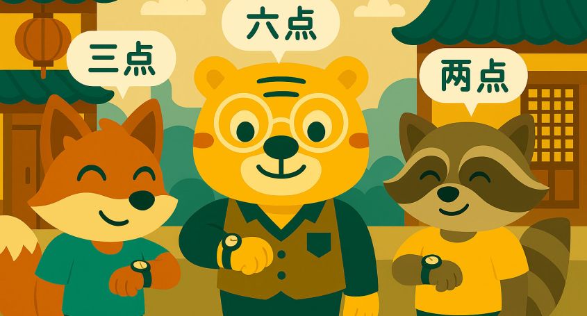 Bingo, Hu Xinyu und Mali schauen auf ihre Uhren mit Zeitangaben auf Chinesisch