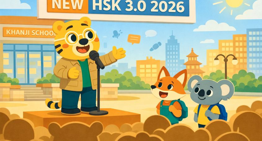 Bingo presenta il nuovo HSK 3.0 durante un evento all’aperto davanti alla Khanji School, con studenti e pubblico.