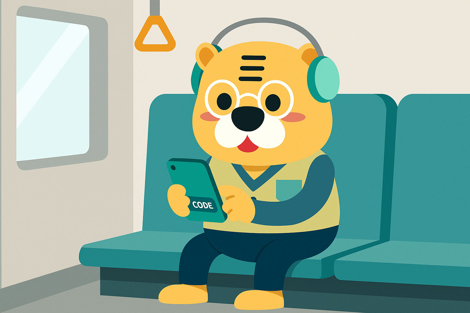 Illustrazione in stile flat di Bingo seduto in metro con il cellulare, mentre inserisce un codice promozionale per attivare Chinesimple HSK PRO