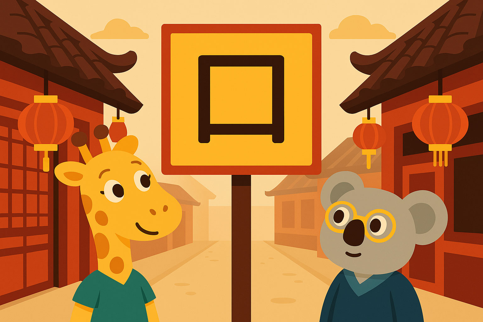 Illustration einer traditionellen chinesischen Straße mit zwei Figuren, die ein großes Schild mit dem Schriftzeichen 口 betrachten