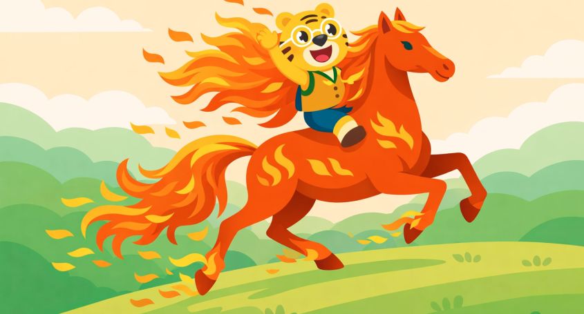 Bingo cabalga un elegante Caballo de Fuego sobre colinas verdes, símbolo del Año del Caballo de Fuego y su energía en la cultura china.