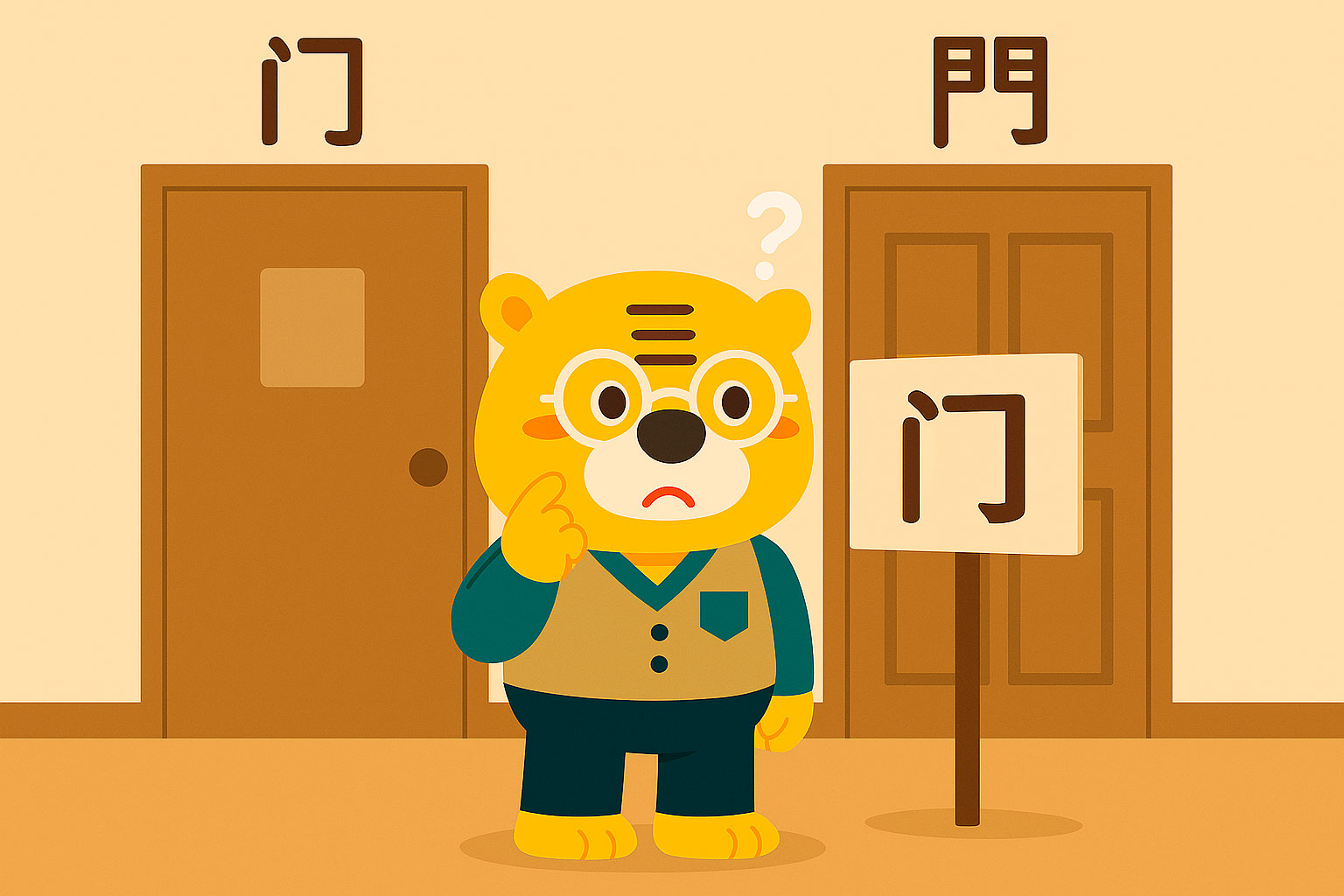 Illustration de Bingo devant deux portes d'école, l'une avec le caractère 门 (simplifié) et l'autre avec 門 (traditionnel), représentant l'évolution des