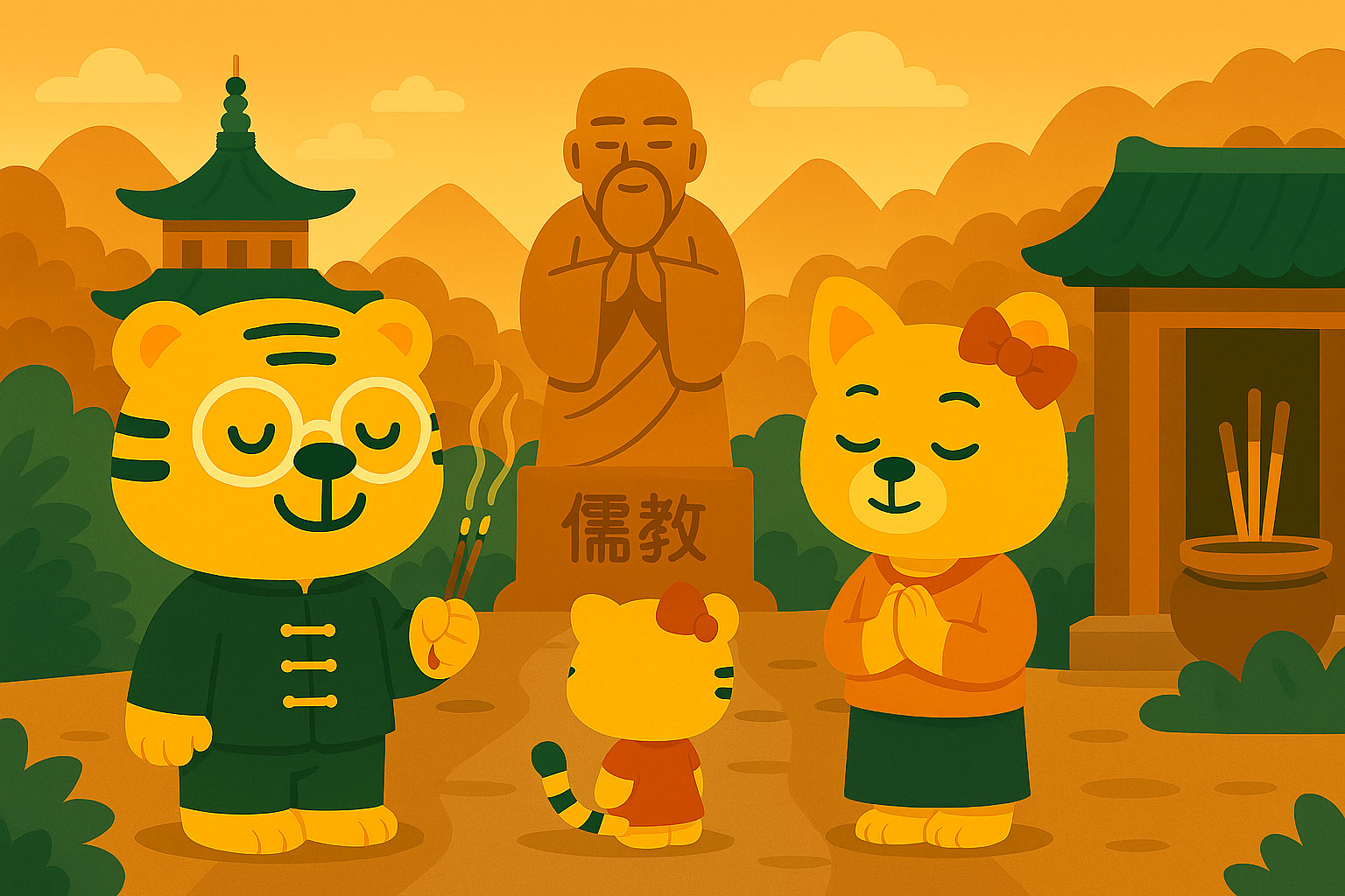 Illustration cartoon avec Bingo, Li Hua et Li Mei dans un décor spirituel chinois, représentant la diversité religieuse