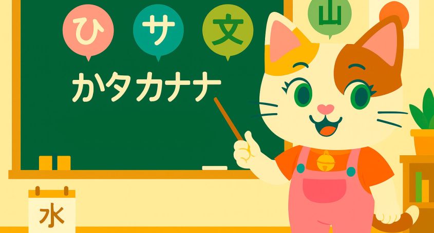 Illustration of Sakura pointing to a blackboard with hiragana, katakana, and kanji in a Japanese classroom