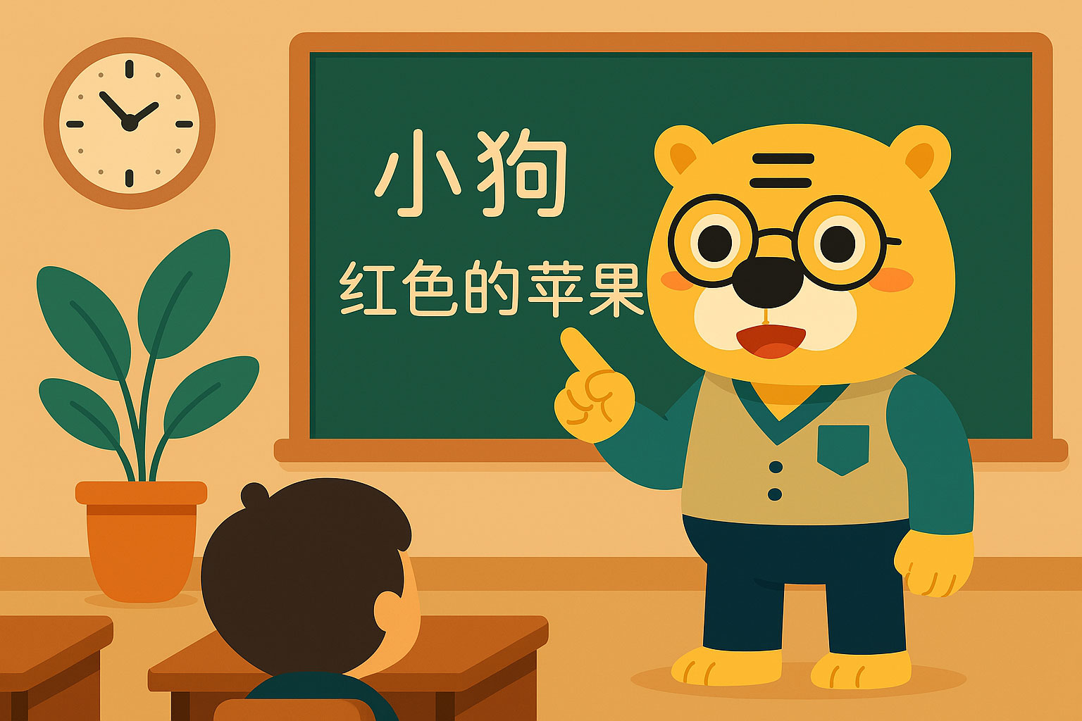 Illustration en style flat de Bingo en classe montrant des exemples d’adjectifs chinois comme « grande pomme » et « bon professeur »