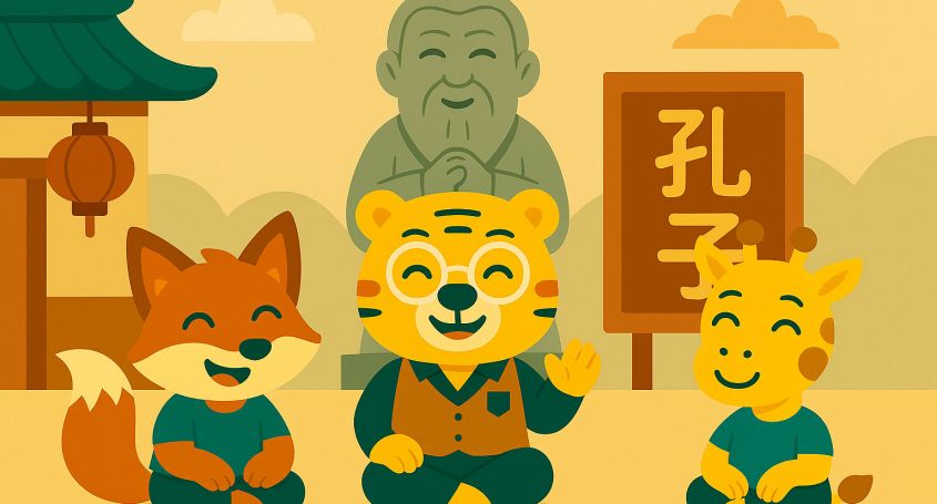 Bingo enseñando en un aula tradicional con símbolos confucianos y decoración clásica china