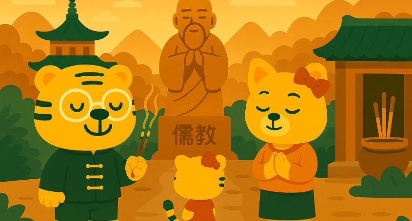 Ilustración de estilo cartoon con Bingo, Li Hua y Li Mei en un entorno espiritual en China, representando la mezcla de creencias religiosas