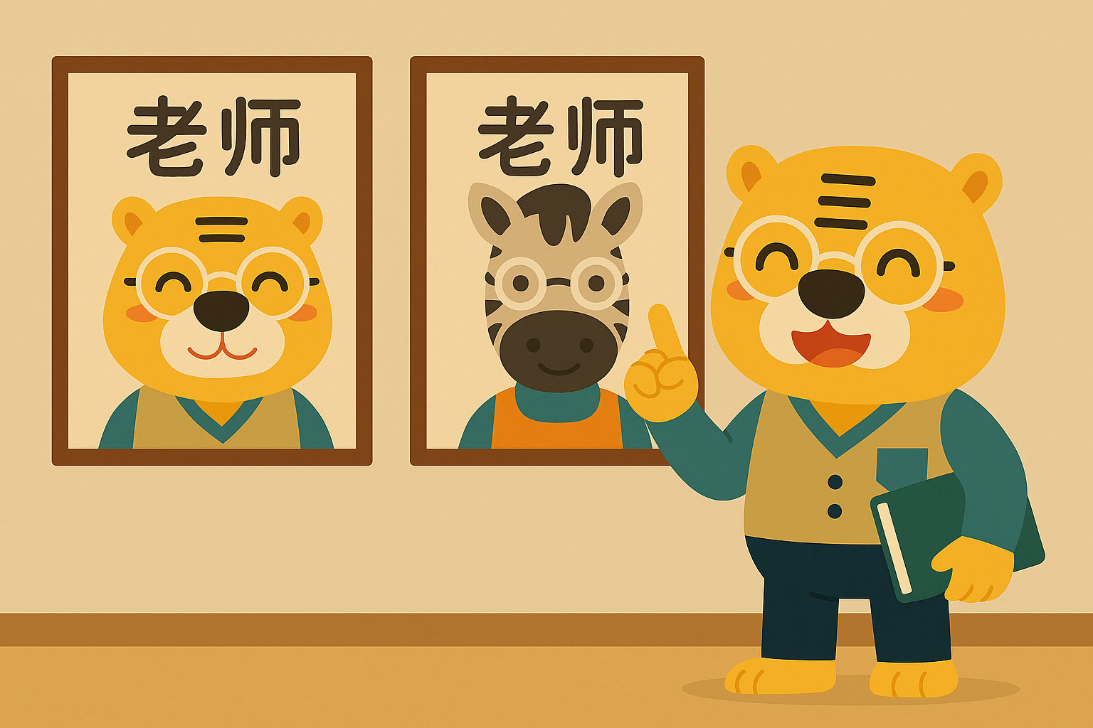 Illustration flat avec Bingo et une professeure zèbre tenant des photos avec l’inscription 老师, représentant les noms neutres en genre en chinois