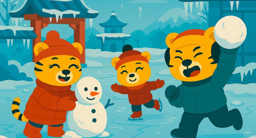 Bingo, Li Mei y Li Hua en un paisaje chino congelado: Li Mei hace un muñeco de nieve, Li Hua patina y Bingo lanza una bola de nieve.