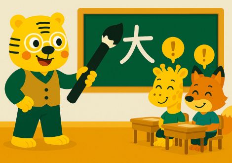 Bingo writing a Chinese character on the blackboard during class at Khanji School