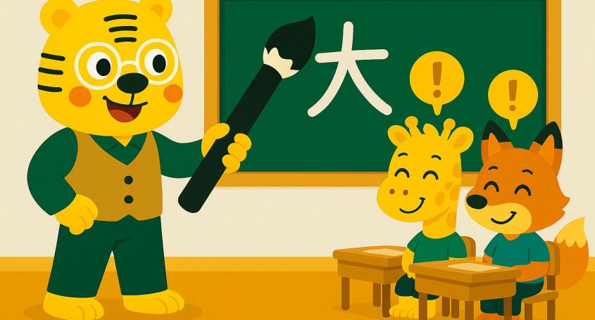 Cartoon illustration of Bingo drawing a Chinese character with a large brush on the blackboard at Khanji School, with students paying attention