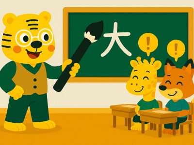 Bingo writing a Chinese character on the blackboard during class at Khanji School