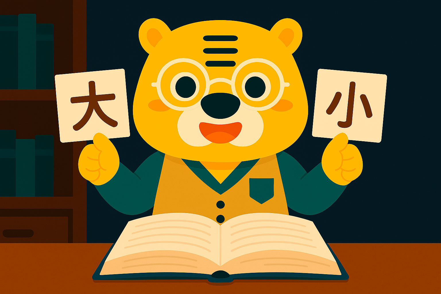 Illustration de Bingo tenant les caractères 大 et 小 en consultant un dictionnaire papier