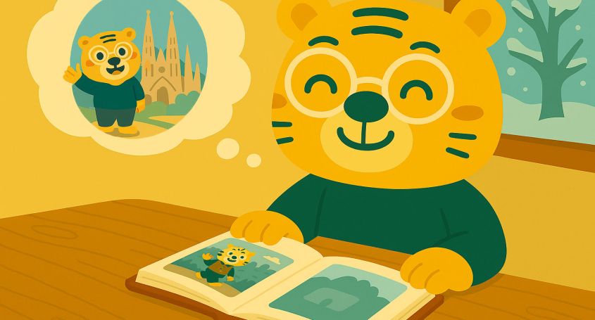 Ilustración de Bingo en casa durante el invierno, mirando un álbum y recordando su viaje a la Sagrada Familia en Barcelona