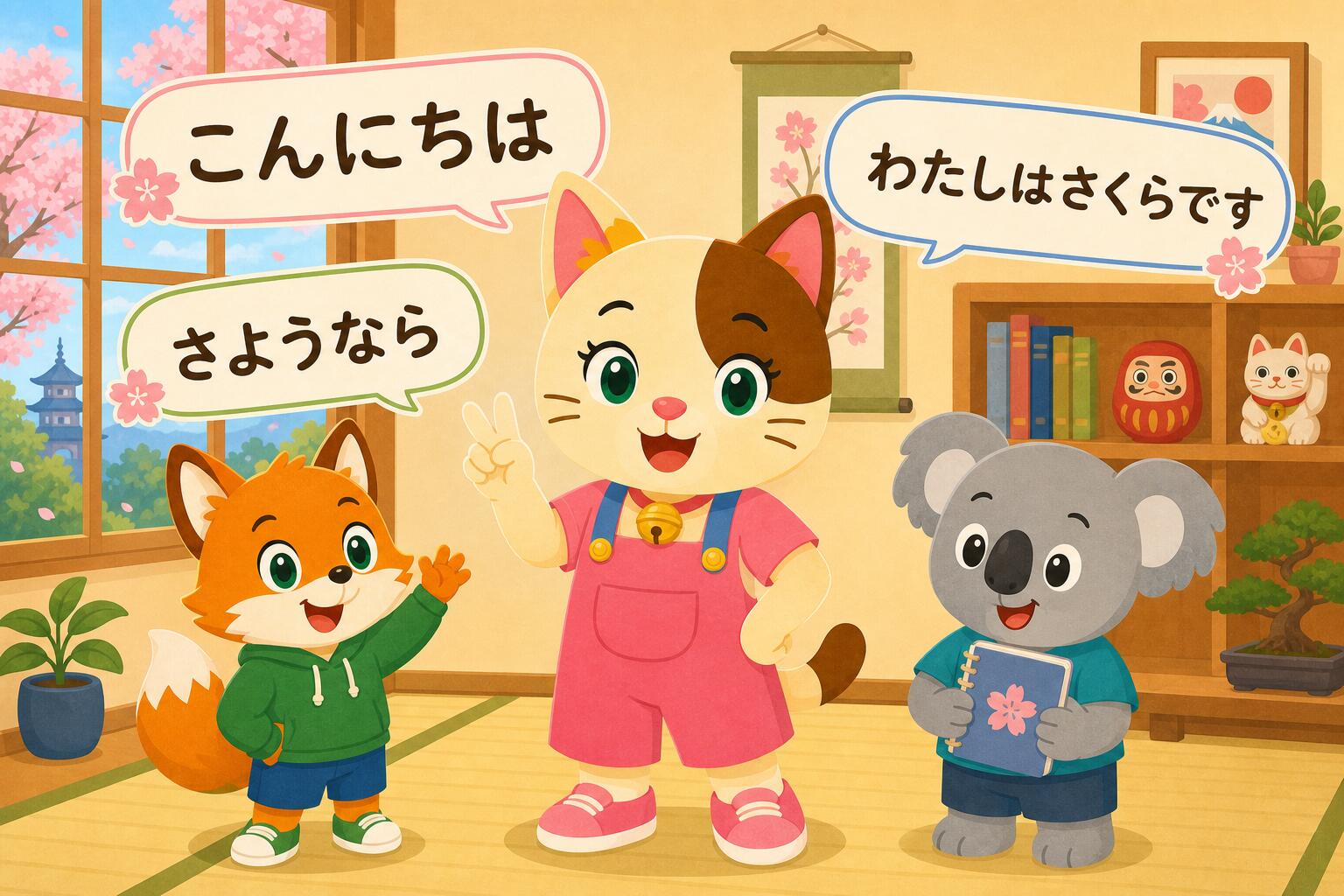Sakura erklärt grundlegende Sätze und Merkmale der japanischen Sprache an einer Tafel