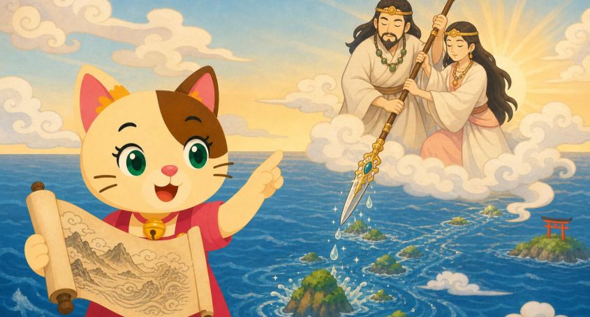 Izanagi e Izanami creando las islas de Japón según la mitología japonesa