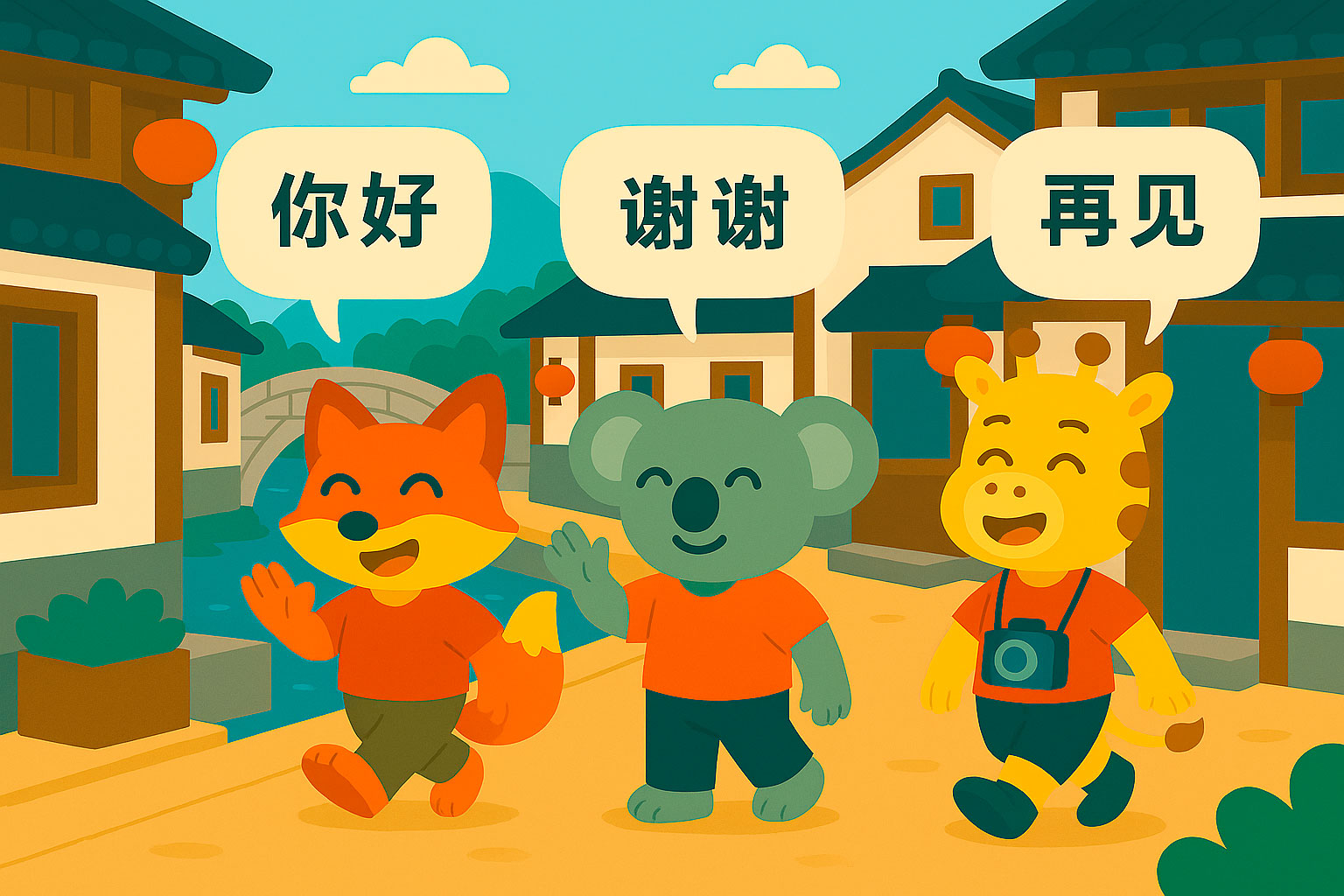 Иллюстрация в мультяшном стиле: лиса, коала и жираф идут по улице в Сучжоу и приветствуют по-китайски, используя фразы HSK1.