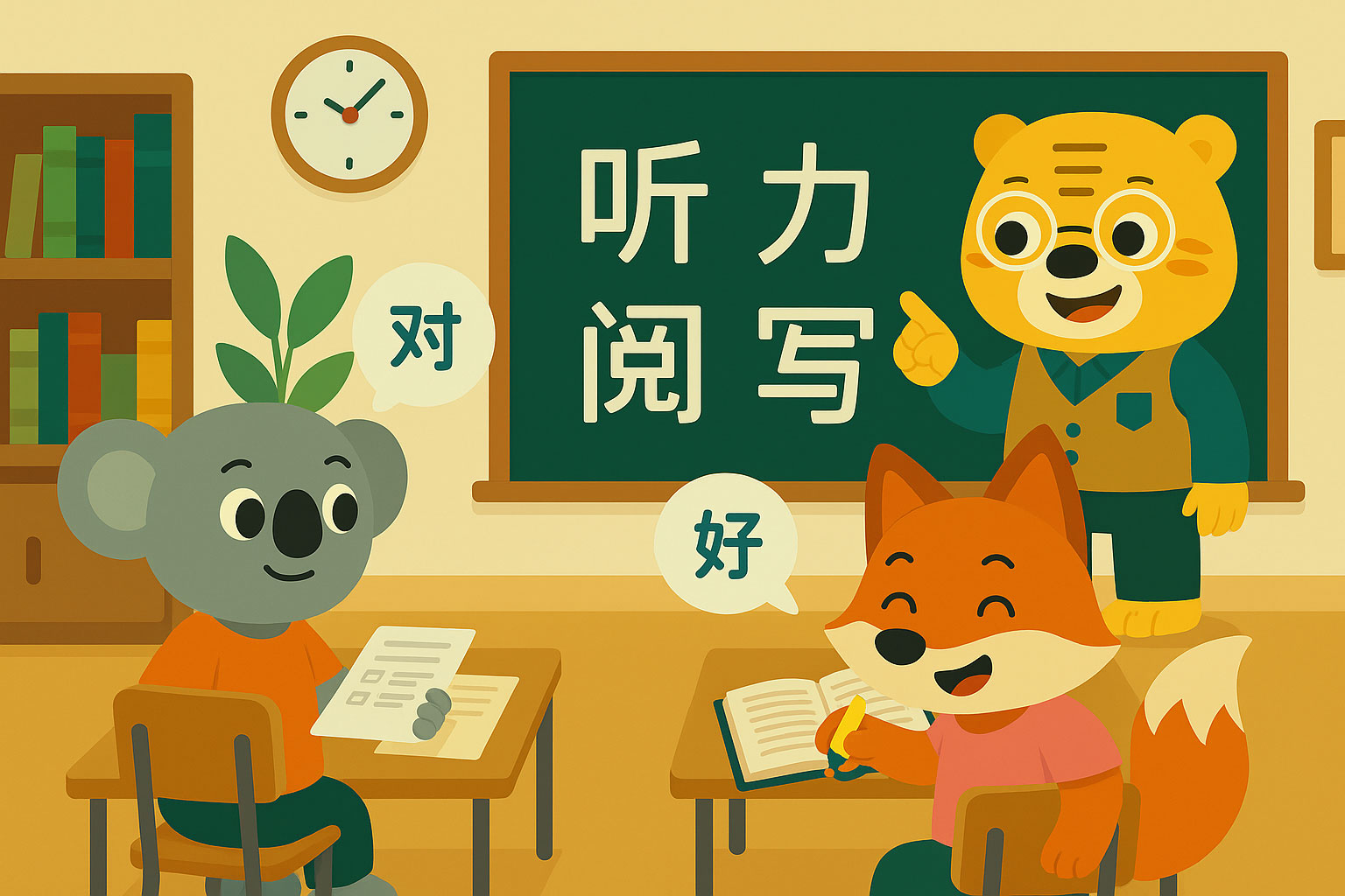 Bingo y dos alumnos de Khanji School se preparan para el examen HSK con foco en la comprensión auditiva y lectora