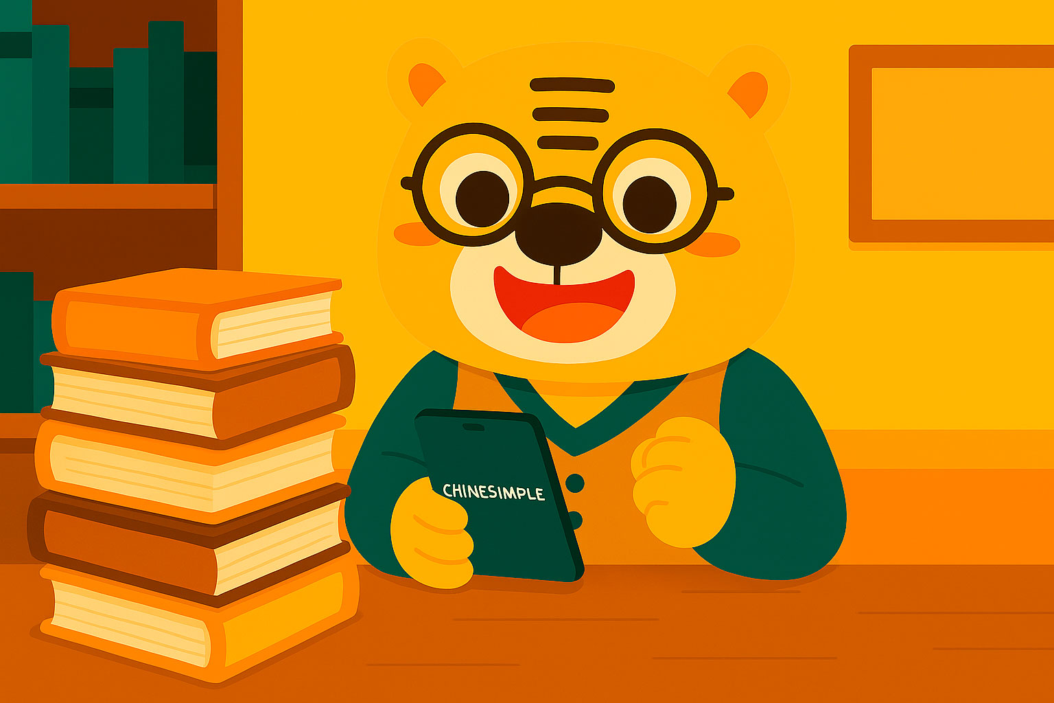 Illustration of Bingo happily using his smartphone with a messy pile of paper dictionaries stacked on his desk
