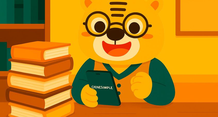 Illustration of Bingo happily using his smartphone with a messy pile of paper dictionaries stacked on his desk
