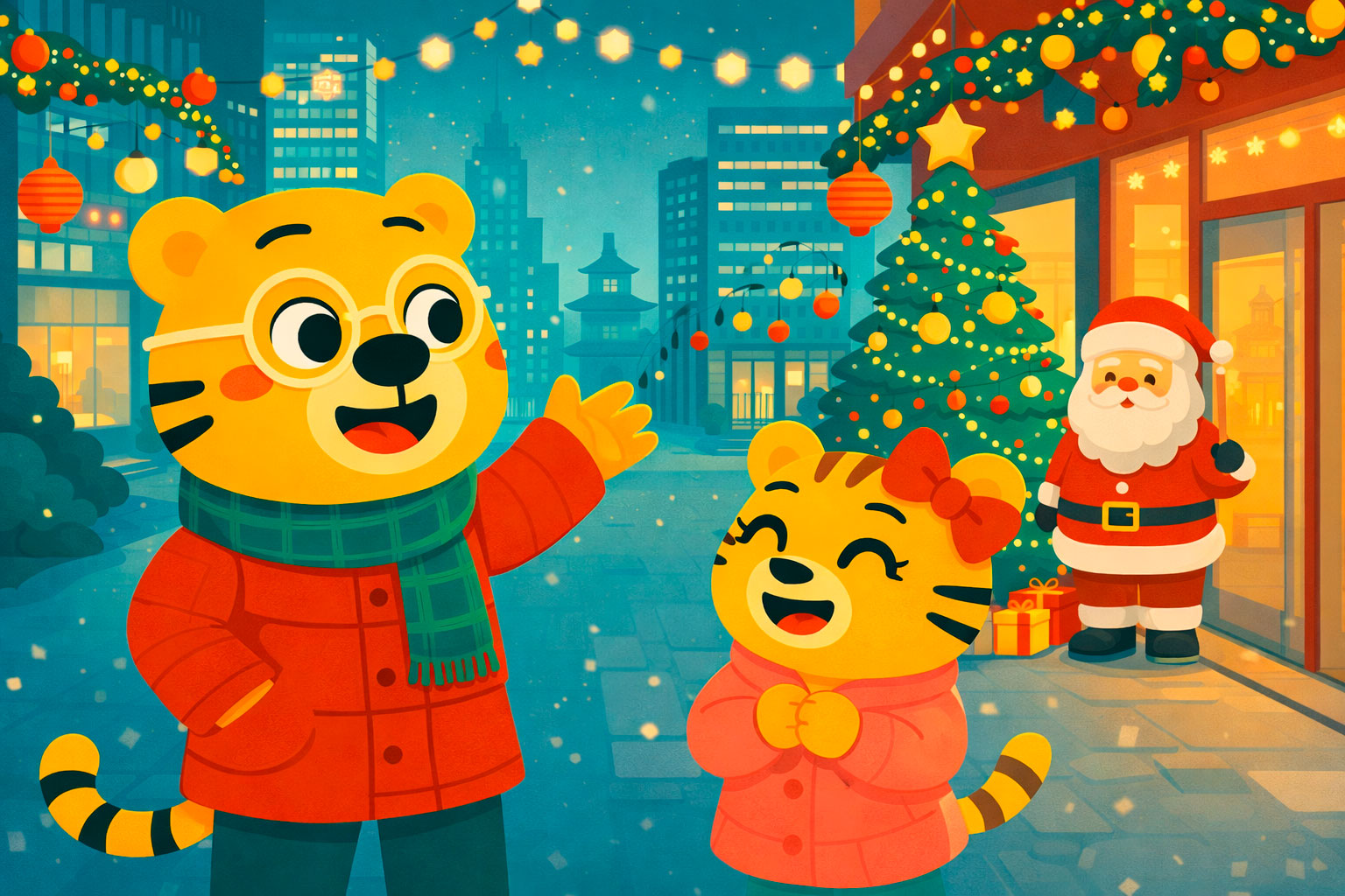 Bingo and Li Hua looking at Christmas decorations in a busy Chinese city street with lights, a Christmas tree and urban buildings.