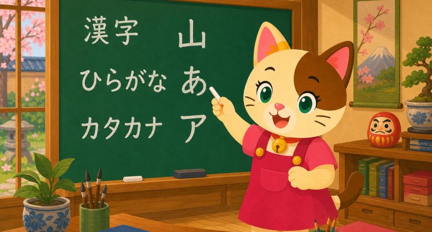 Sakura explaining hiragana, katakana and kanji in a Japanese classroom
