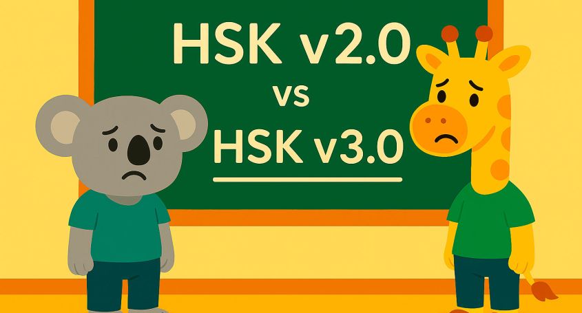 Ilustración 2D en estilo flat con los alumnos jirafa y koala frente a una pizarra en Khanji School. En la pizarra se lee “HSK v2.0 vs HSK v3.0” y ambo