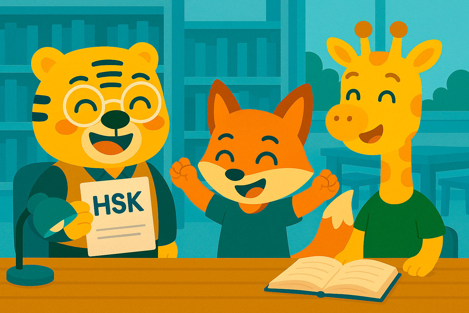 Illustration von Bingo und Schülern, die interessante Fakten über die HSK-Chinesischprüfung entdecken.