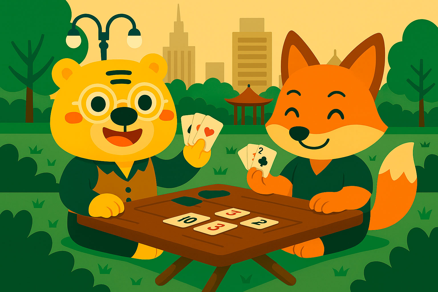Illustration de style cartoon montrant Bingo et un renard jouant au Dou Dizhu dans un parc typique d'une ville chinoise