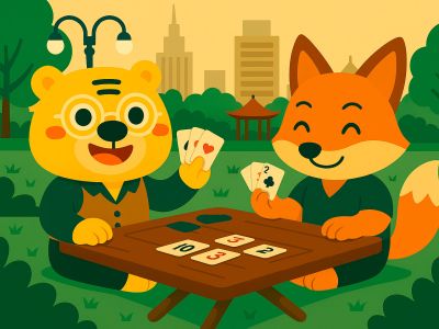 Bingo et le renard jouent au Dou Dizhu dans un parc urbain chinois