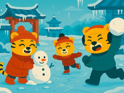 Bingos Familie an einem eiskalten Wintertag im verschneiten China.