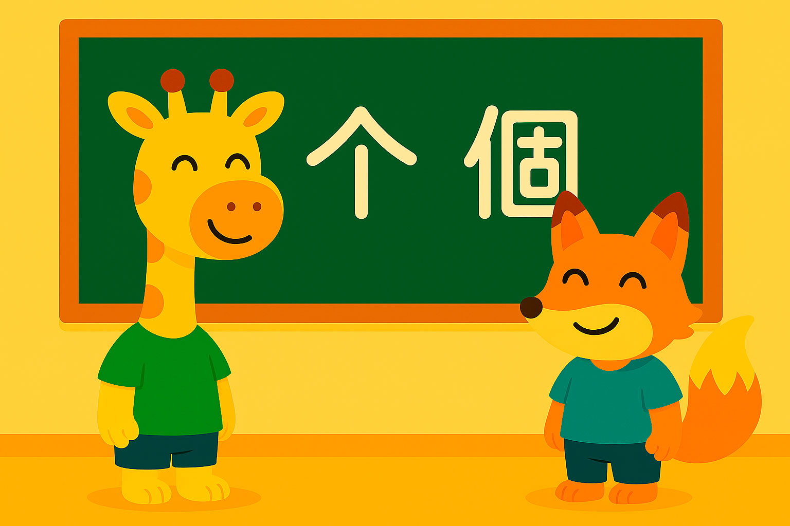 Illustration 2D style flat montrant les élèves girafe et renard souriants devant un tableau à Khanji School, où sont écrits les classificateurs chinoi