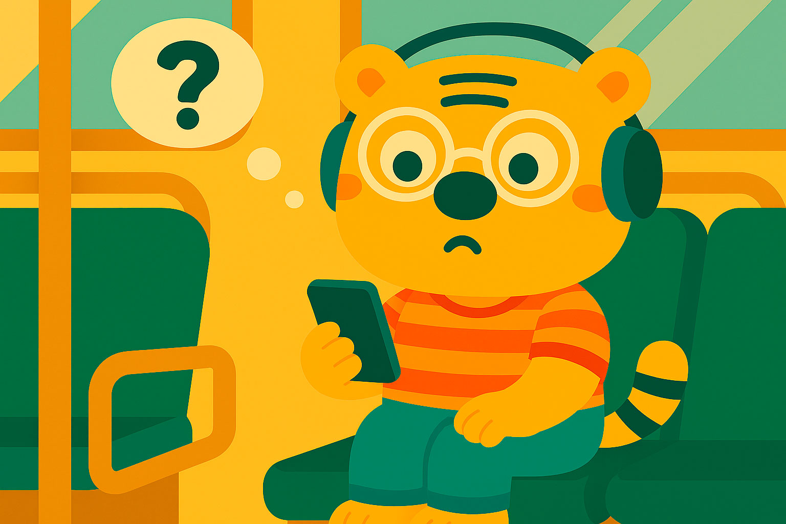 Illustration von Bingo, einem anthropomorphen Tiger, der mit Kopfhörern im Bus sitzt und versucht, Audio über Text-To-Speech auf seinem Android-Gerät 