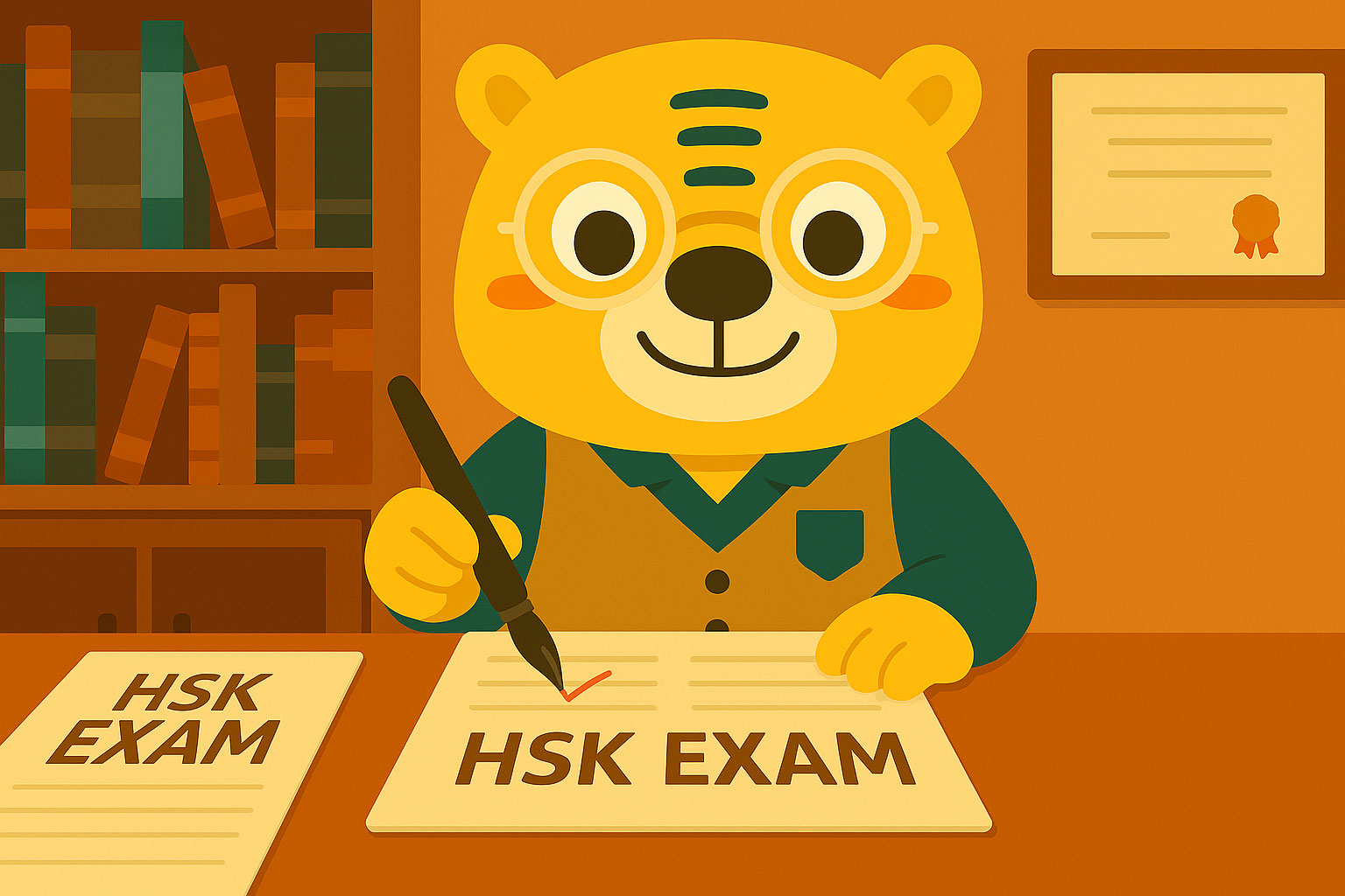 Плоская иллюстрация в стиле мультфильма с тигром Бинго, проверяющим экзамены по китайскому HSK в библиотеке