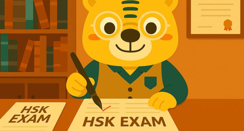 Плоская иллюстрация в стиле мультфильма с тигром Бинго, проверяющим экзамены по китайскому HSK в библиотеке