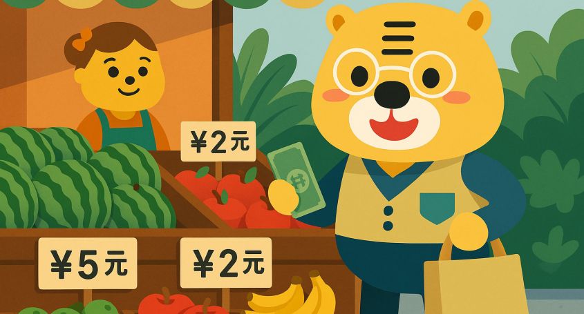 Flat-Style-Illustration von Bingo, der auf einem chinesischen Markt Obst kauft, mit Preisschildern in 元, 角 und 分