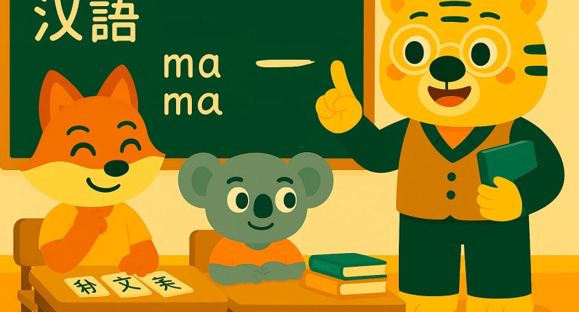 Digitale Illustration eines Chinesischunterrichts mit Lehrer, Schülern, Hanzi und HSK-Lernkarten