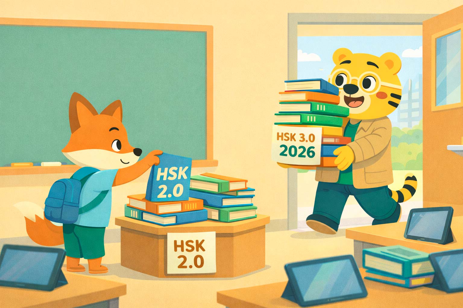 Li Hua deja libros del HSK 2.0 sobre una mesa mientras Bingo entra con nuevos libros del HSK 3.0 en un aula moderna.